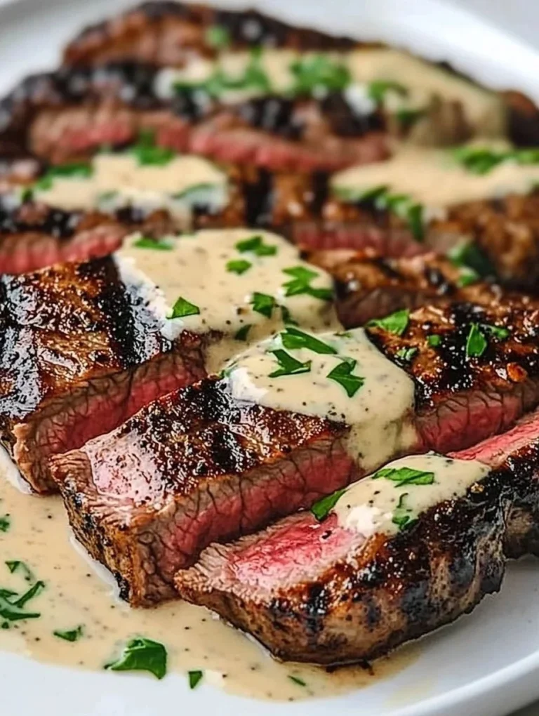 Juicy steak topped with rich garlic cream sauce, garnished and ready to serve.