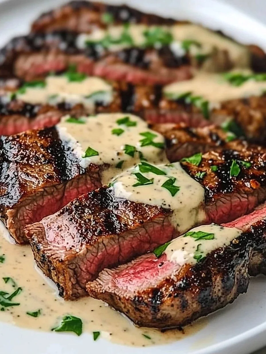 Steak with Garlic Cream Sauce Juicy steak topped with rich garlic cream sauce, garnished and ready to serve.