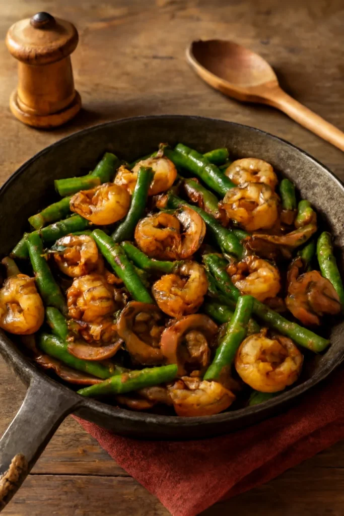 Stir-fried shrimp with asparagus and mushrooms on a plate