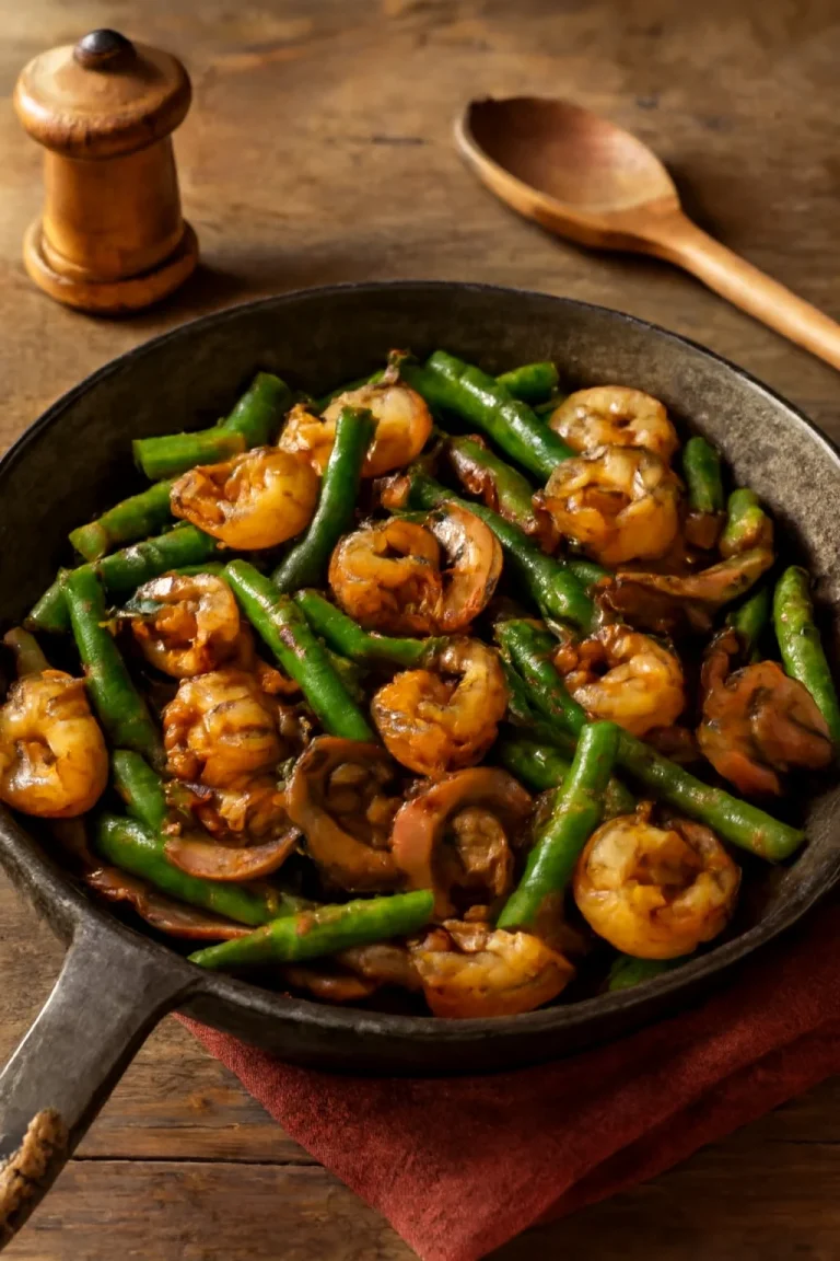 Stir-fried Shrimp Asparagus Mushrooms Stir-fried shrimp with asparagus and mushrooms on a plate