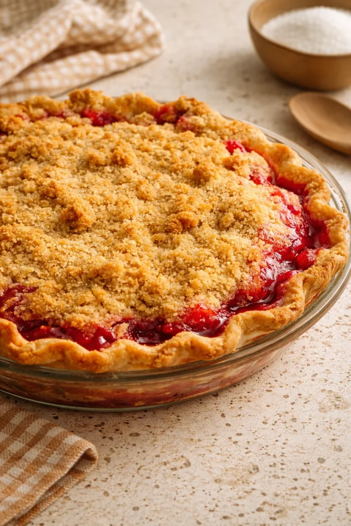 Delicious homemade strawberry rhubarb crisp topped with a golden crumble