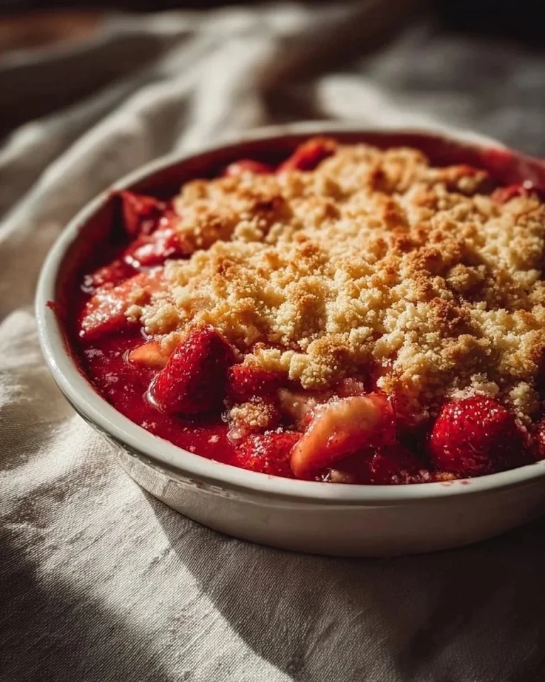 Delicious Strawberry Rhubarb Crisp dessert with a golden topping