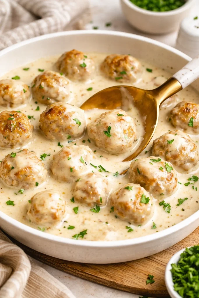 Plate of homemade Swedish Meatballs garnished with parsley and served with gravy