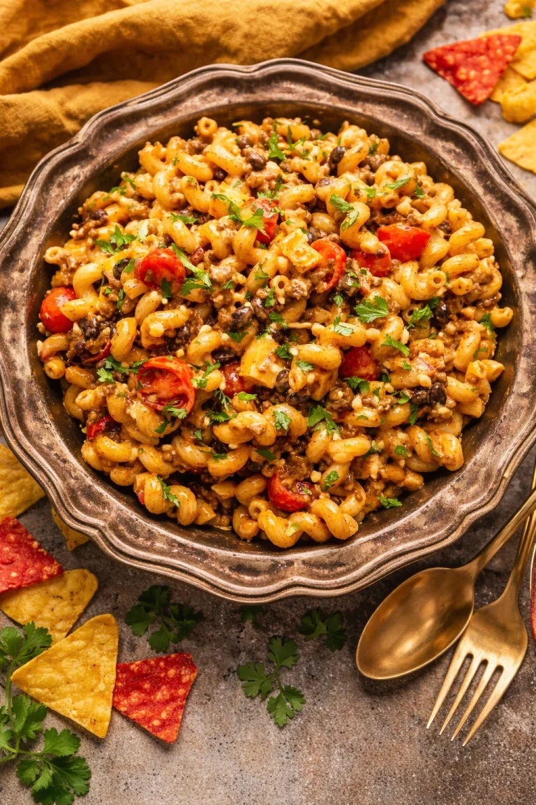 Taco Pasta Salad Colorful Taco Pasta Salad with fresh ingredients in a bowl