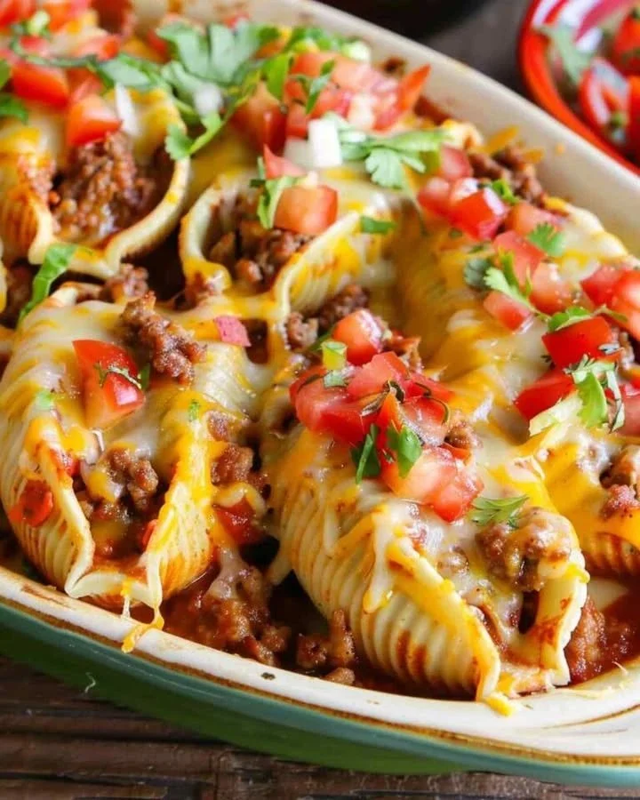 Taco Stuffed Shells Delicious Taco Stuffed Shells filled with seasoned beef, cheese, and taco toppings.
