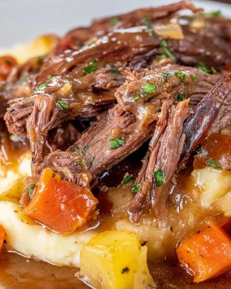 Delicious Three Packet Slow Cooker Roast served with vegetables