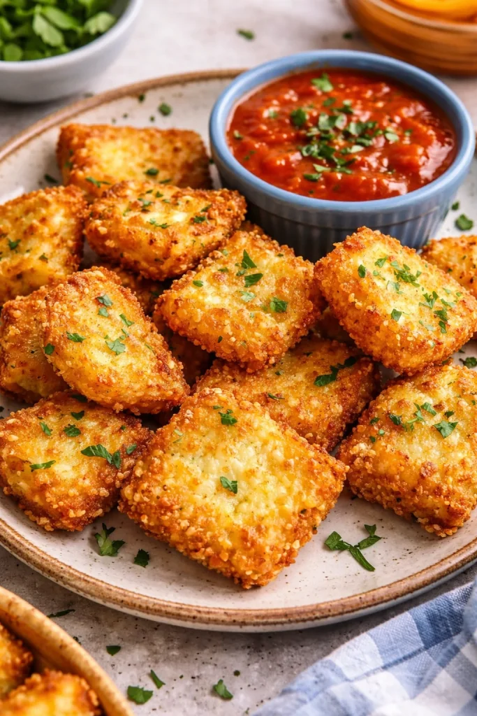 Plate of crispy toasted ravioli served with marinara sauce
