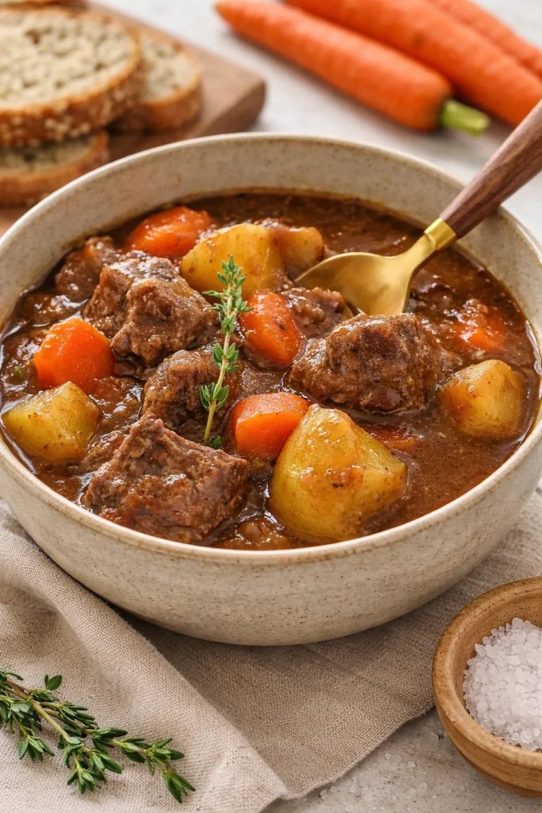 A bowl of delicious Traditional Irish Beef Stew with vegetables and herbs