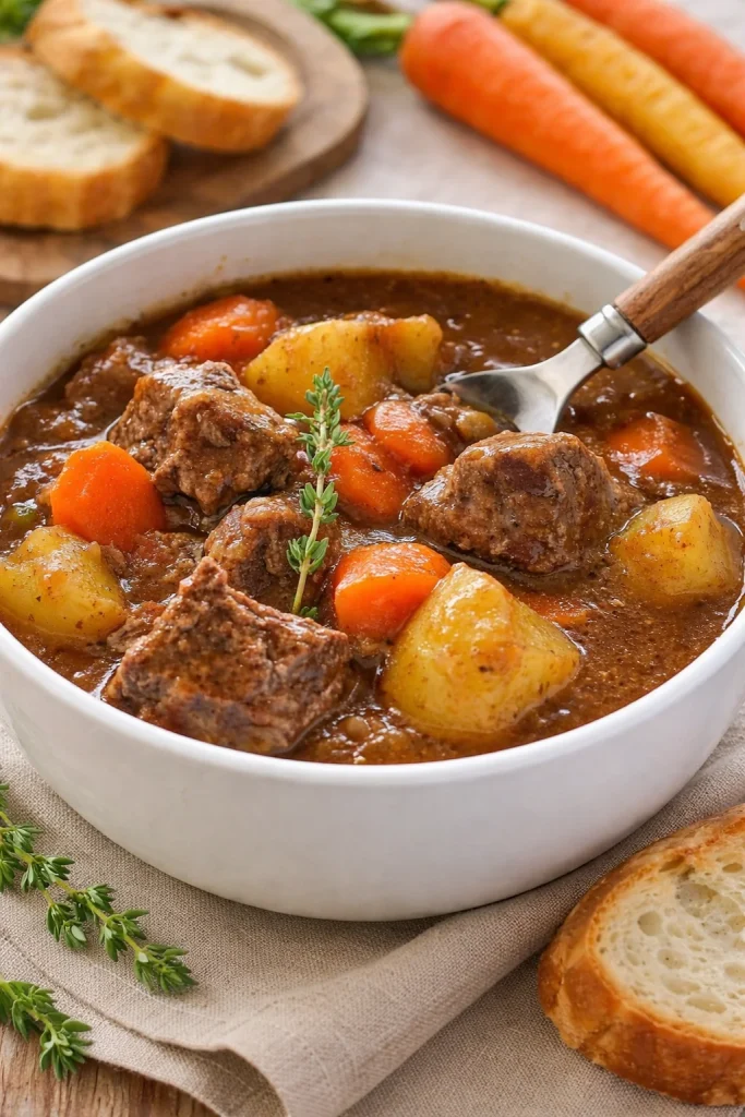 Delicious traditional Irish beef stew served in a rustic bowl