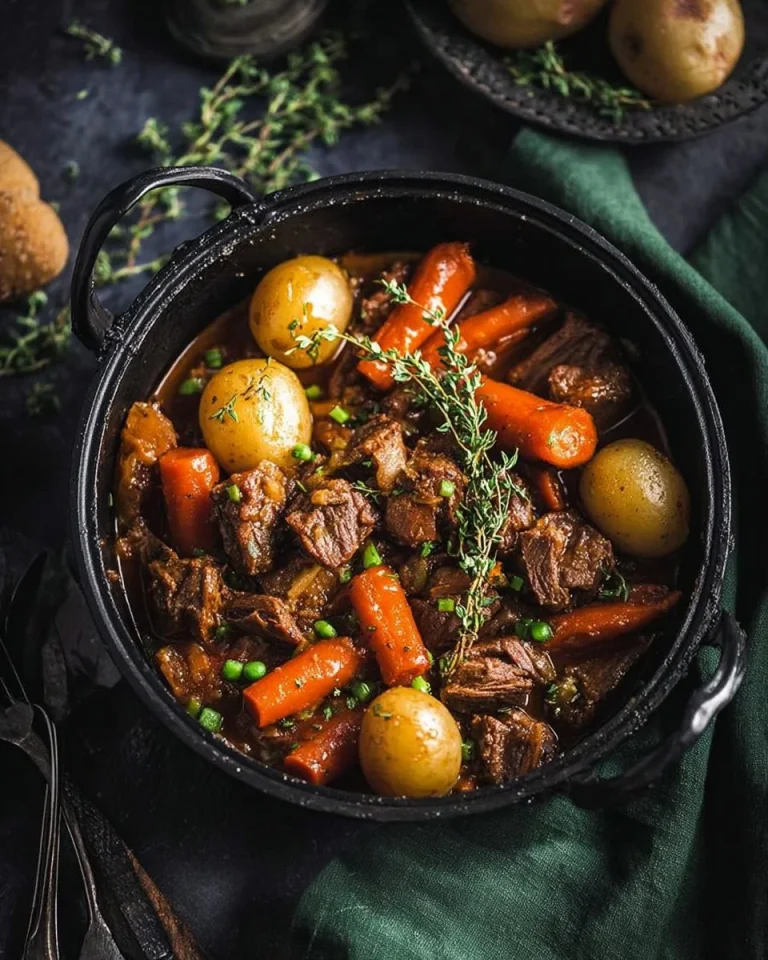 A bowl of traditional Irish lamb stew with vegetables and herbs.