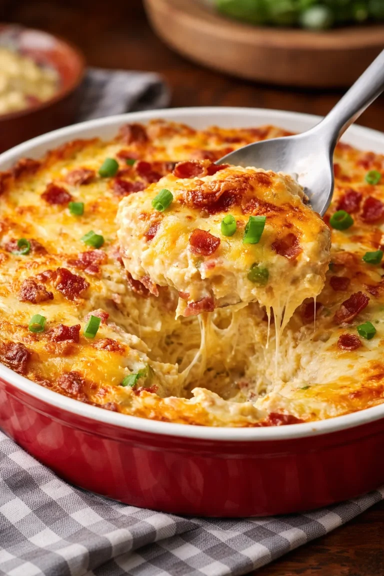 Twice Baked Potato Casserole Delicious Twice Baked Potato Casserole topped with cheese and chives.