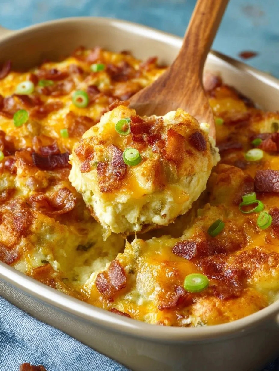 Delicious Twice-Baked Potato Casserole topped with cheese and green onions