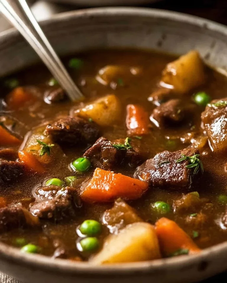 Bowl of vegetable beef soup filled with colorful vegetables and tender beef.