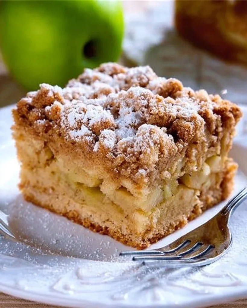 Delicious warm apple crumb cake with crumbly topping and fresh apples