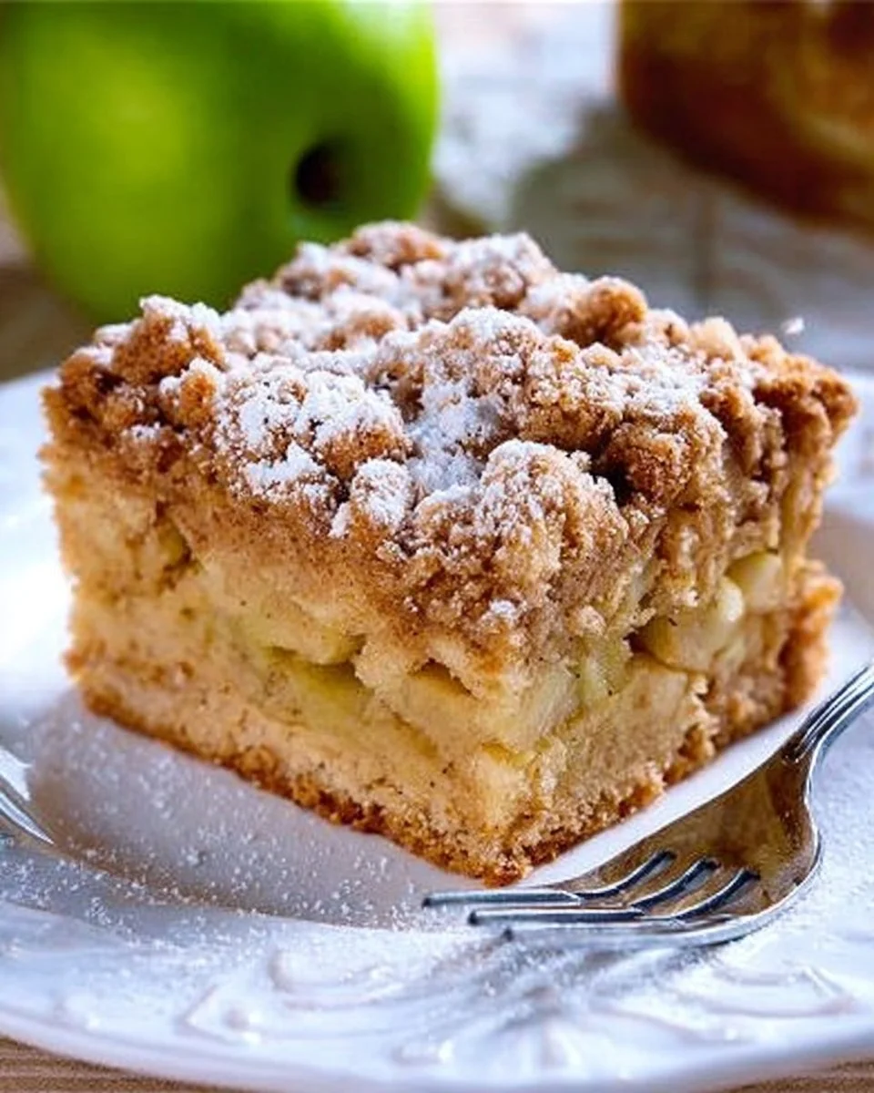 Delicious warm apple crumb cake with crumbly topping and fresh apples