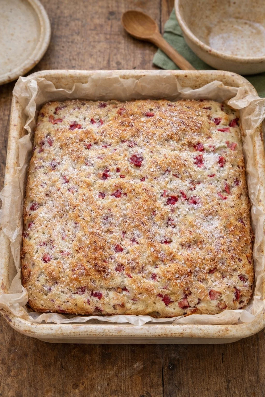 Delicious 3-ingredient rhubarb cake ready to be enjoyed with coffee or tea.