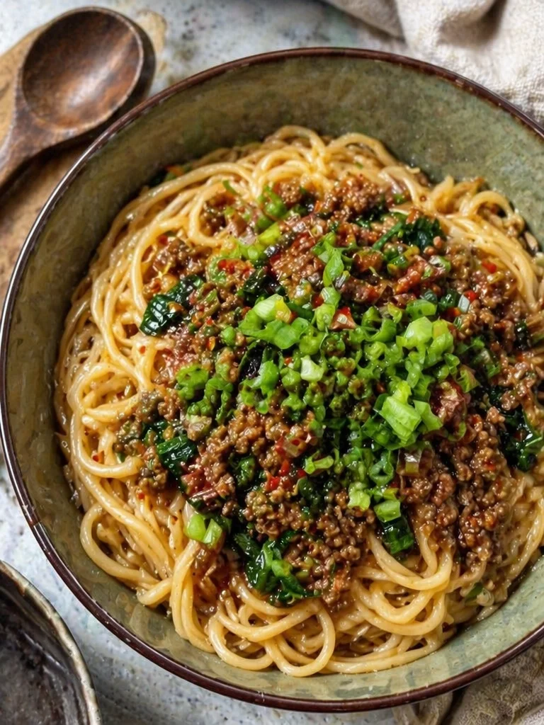 Bowl of addictive Dan Dan Noodles garnished with green onions and peanuts