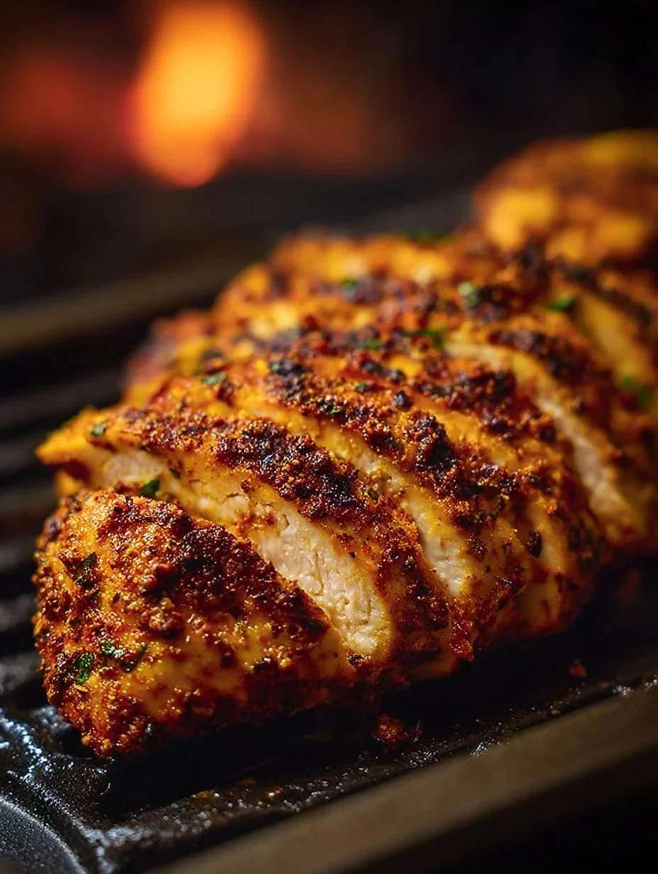 Juicy air fryer chicken breast served with vegetables on a plate.