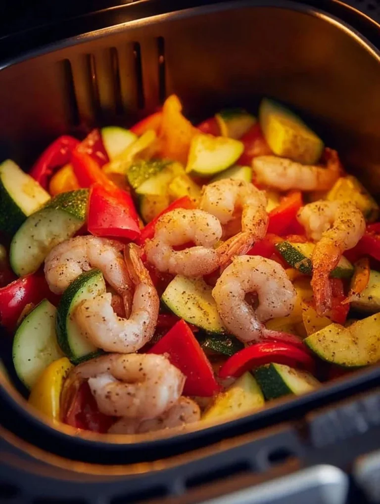 Delicious air fryer shrimp with colorful rainbow veggies on a plate