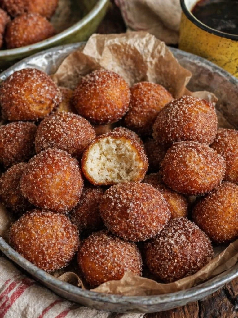 Freshly baked apple pie donut holes topped with cinnamon sugar.