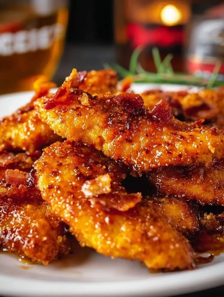 Bacon Brown Sugar Chicken Tenders Delicious bacon brown sugar chicken tenders on a plate garnished with herbs