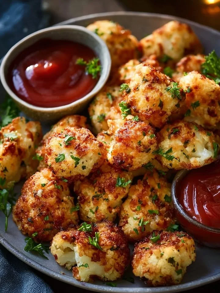 Baked cauliflower muffin tots served on a plate with dipping sauce