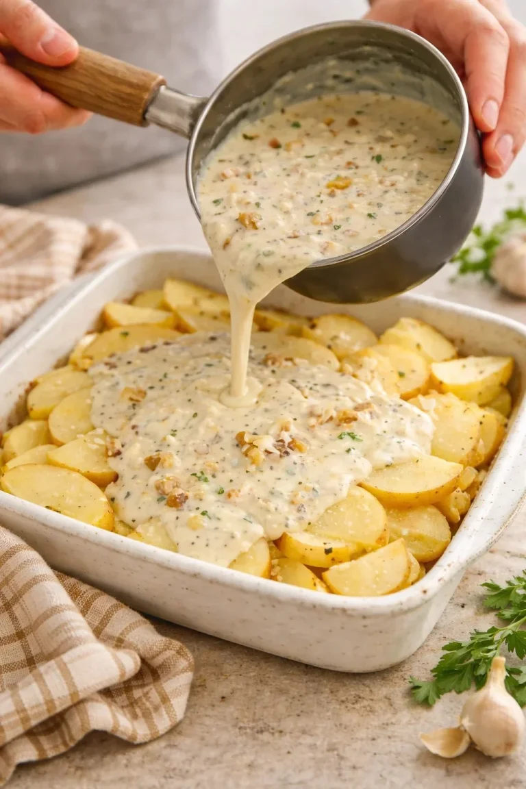 Delicious baked potato casserole topped with cheese and chives