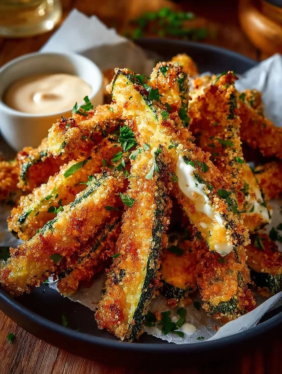 Crispy baked zucchini fries served with dipping sauce