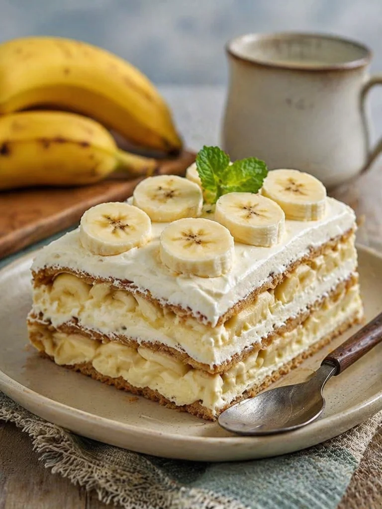 Homemade Banana Éclair Cake topped with creamy frosting and sliced bananas