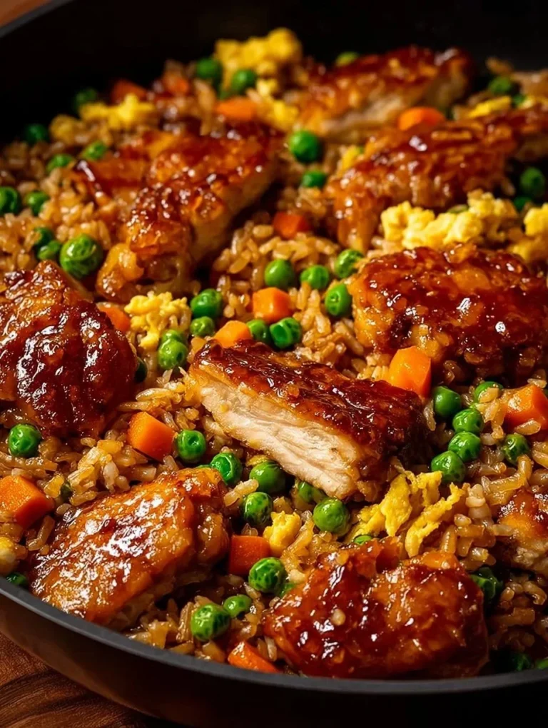 Plate of Bang Bang Chicken Fried Rice garnished with green onions.