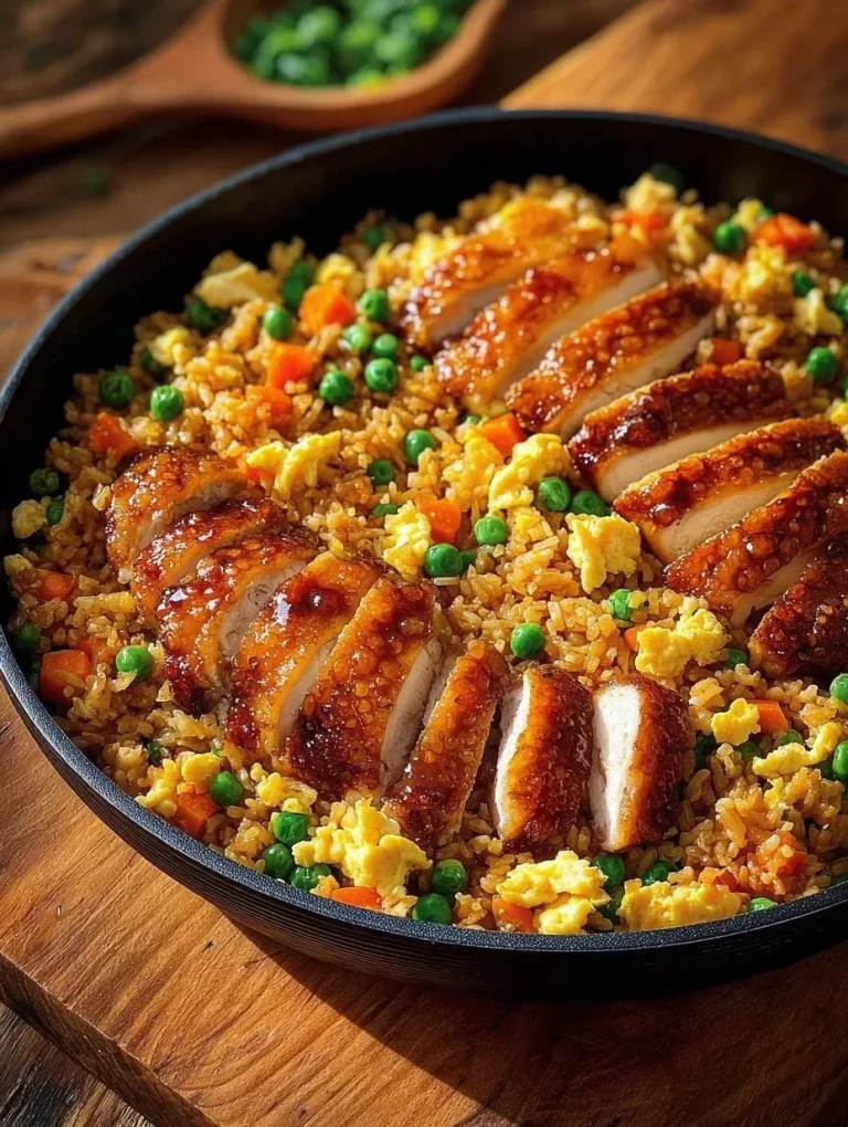 Delicious Bang Bang Chicken Fried Rice served in a bowl with fresh vegetables.