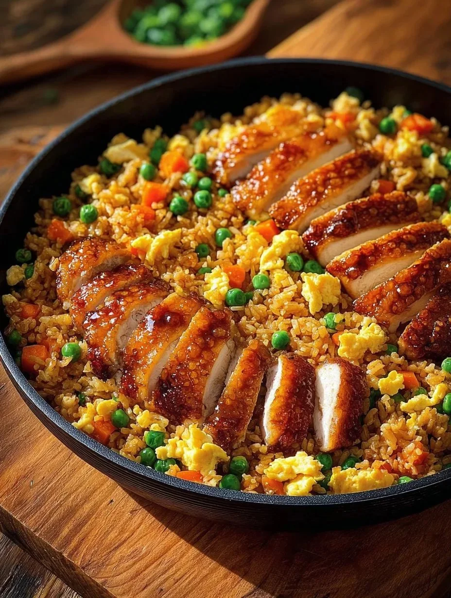 Delicious Bang Bang Chicken Fried Rice served in a bowl with fresh vegetables.