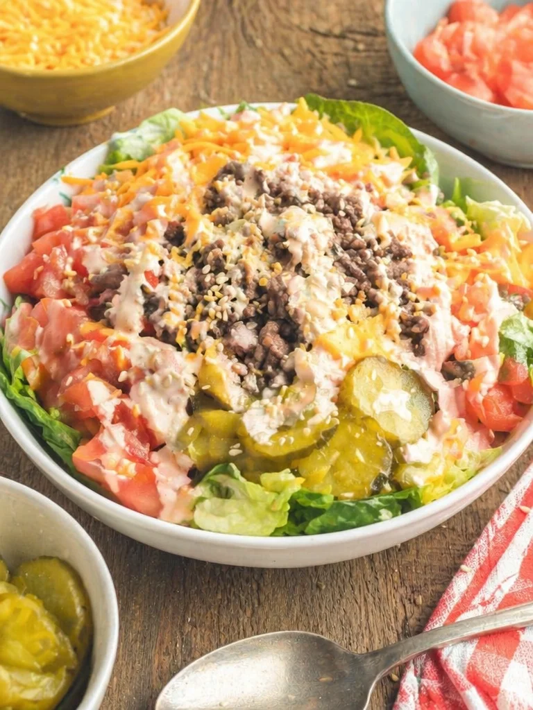 Big Mac Salad featuring lettuce, tomatoes, onions, cheese, and special sauce.