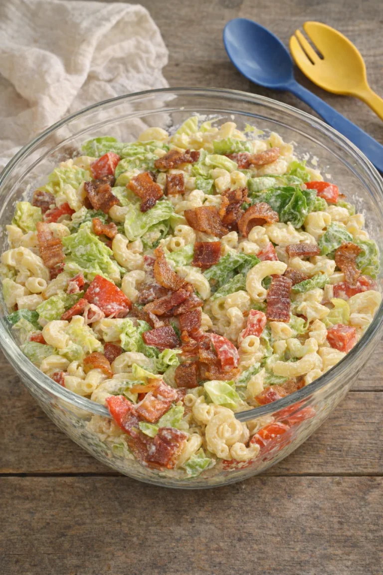 Delicious BLT Pasta Salad with bacon, lettuce, and tomatoes in a creamy dressing.