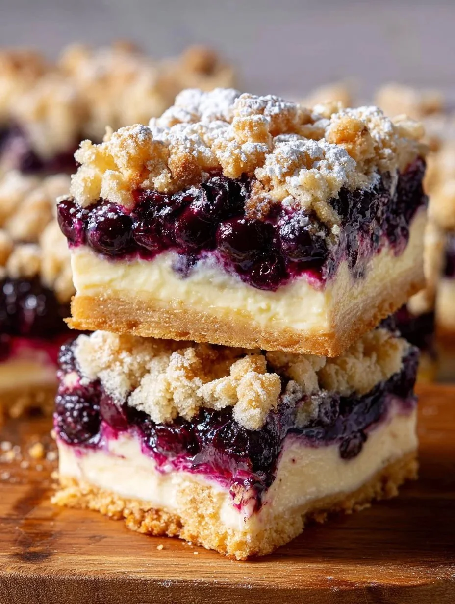 Blueberry Cheesecake Bars Delicious blueberry cheesecake bars topped with fresh blueberries and a creamy layer