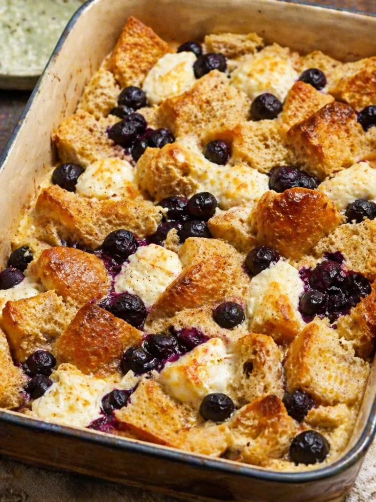 Delicious blueberry French toast casserole served in a baking dish