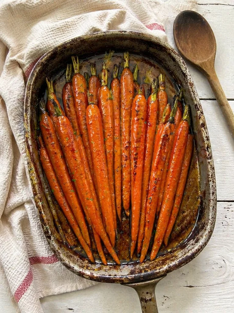 Brown sugar honey glazed carrots in a serving dish, garnished and ready to eat.