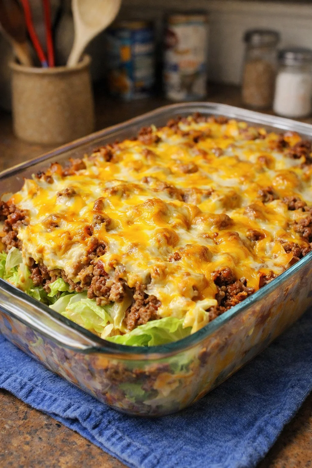 Delicious homemade cabbage roll casserole served in a baking dish