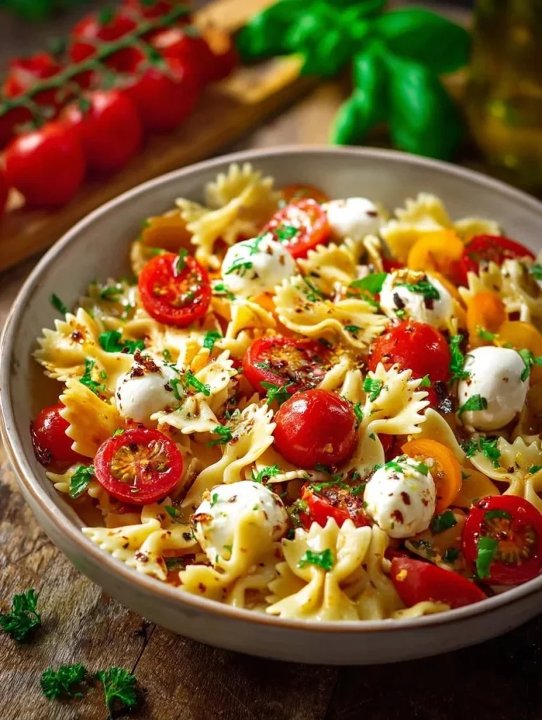 Delicious Caprese Pasta Salad with fresh tomatoes, mozzarella, and basil