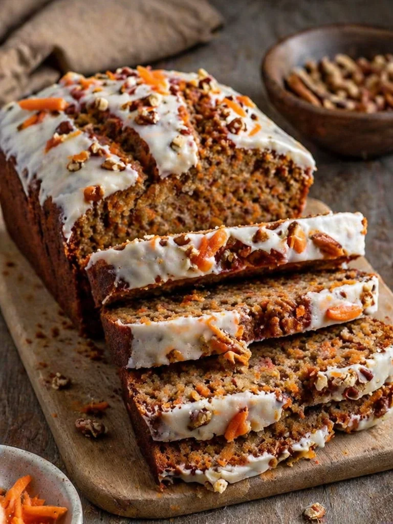 Moist carrot cake banana bread topped with cream cheese frosting