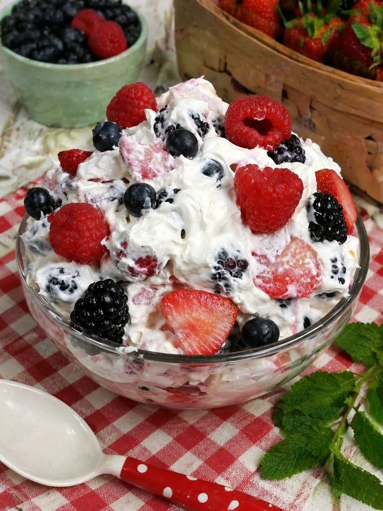 Delicious Cheesecake Summer Fruit Salad with mixed fresh fruit