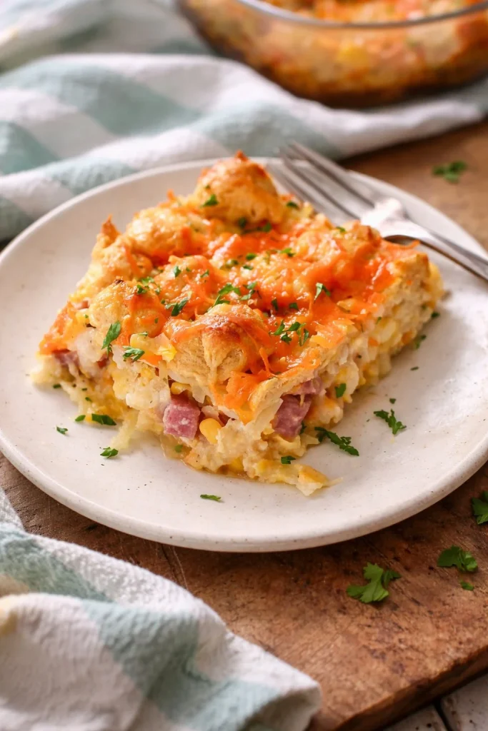 Cheesy Ham and Hashbrown Casserole topped with melted cheese and herbs