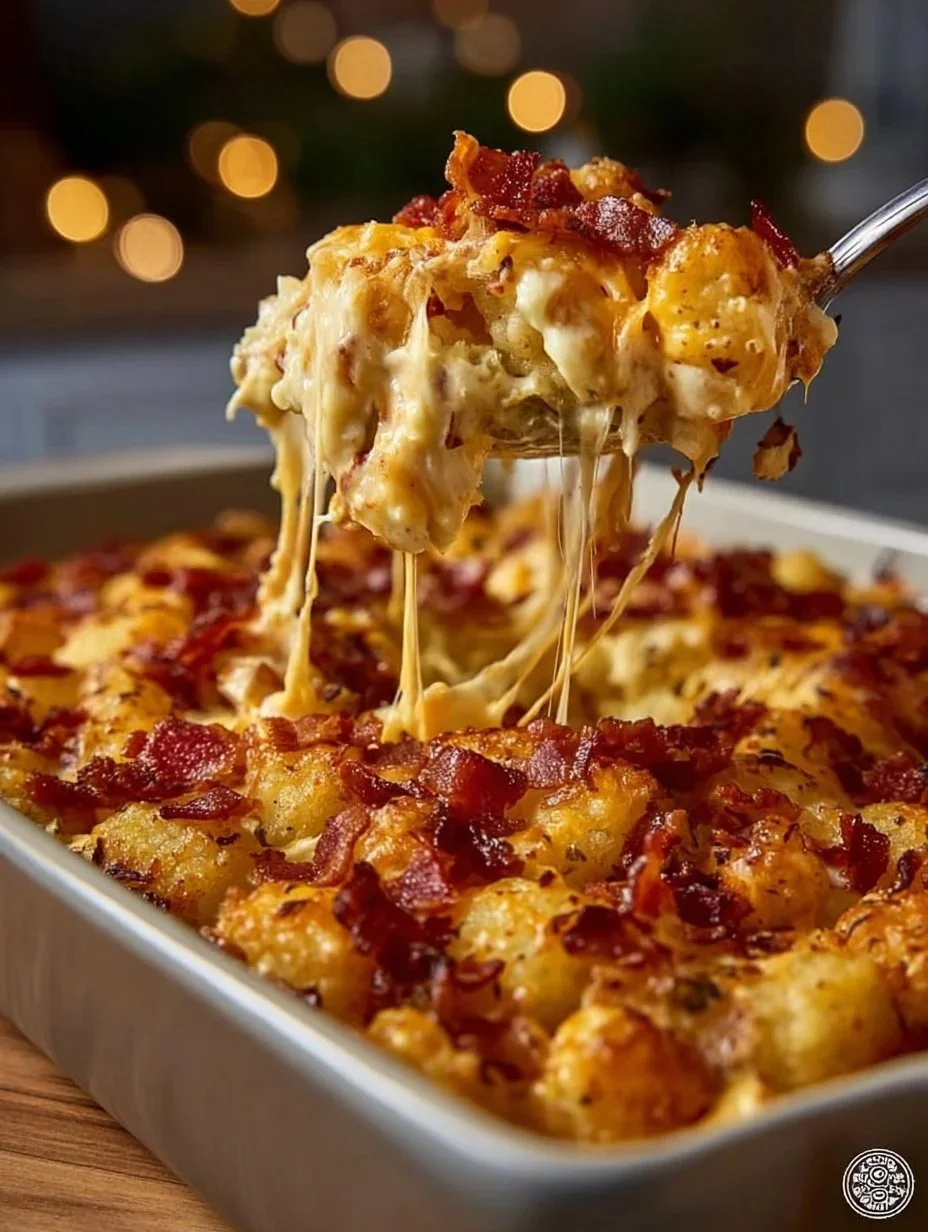 Chicken Bacon Ranch Tater Tot Casserole with crispy tots and flavorful toppings
