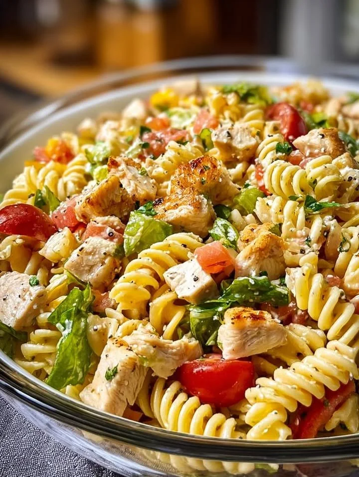 Chicken Caesar Pasta Salad Delicious Chicken Caesar Pasta Salad with romaine, chicken, and Parmesan cheese
