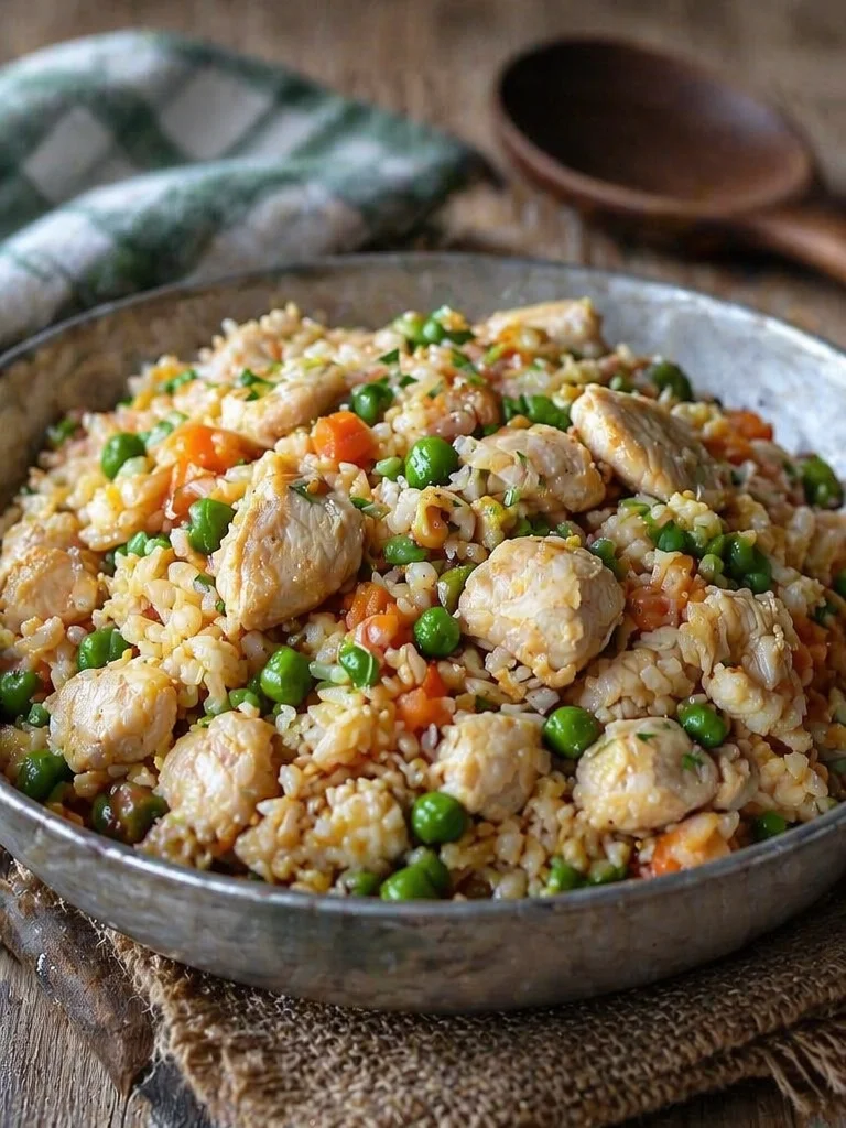 Delicious chicken fried rice with colorful vegetables and tender chicken pieces