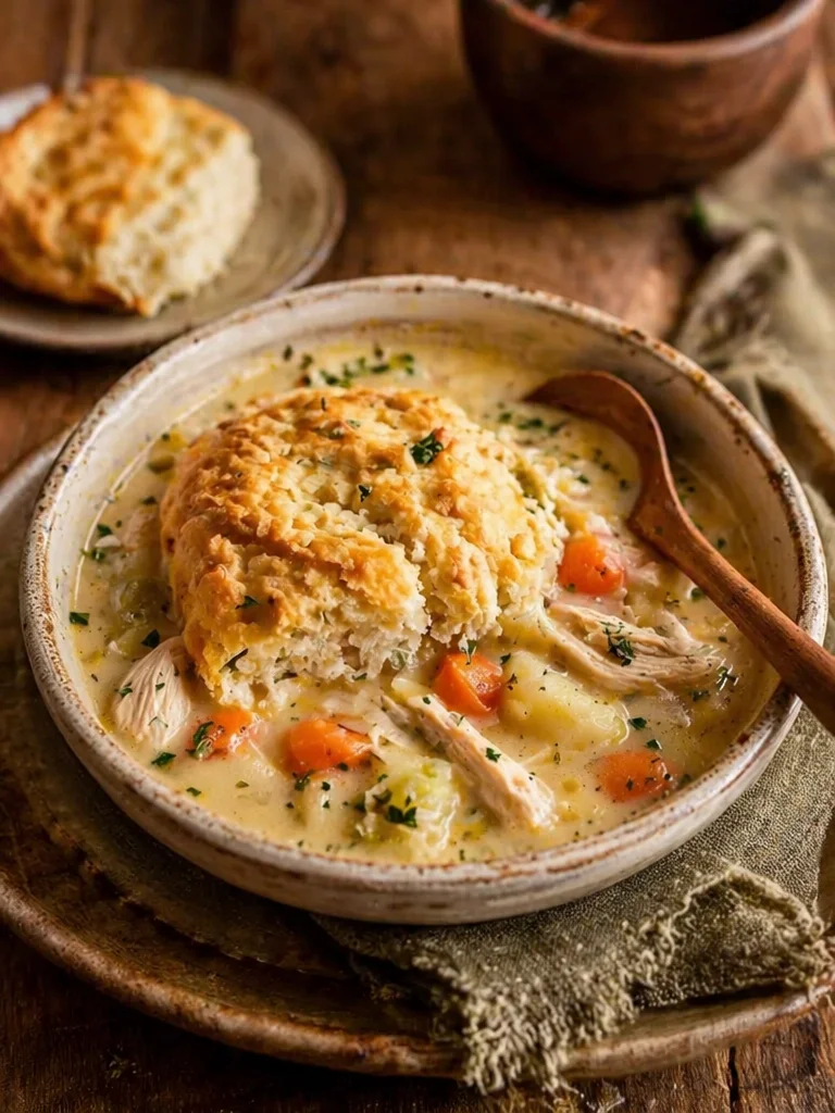 Bowl of Chicken Pot Pie Soup with vegetables and flaky crust.
