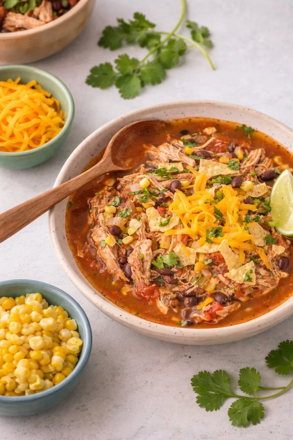 Delicious Chicken Taco Soup served in a bowl with toppings
