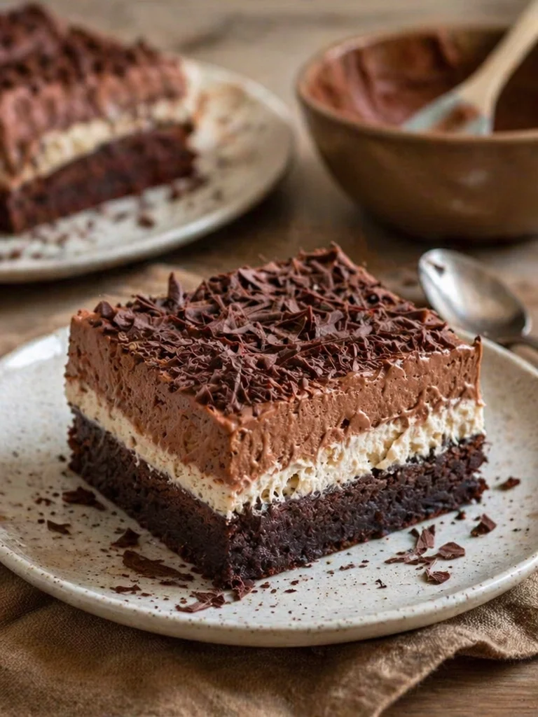 Delicious chocolate mousse brownies topped with creamy mousse and chocolate drizzle