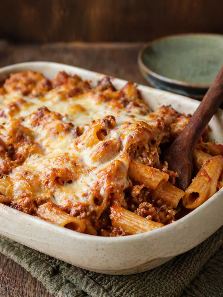 Christmas Baked Ziti dish with melted cheese and festive toppings