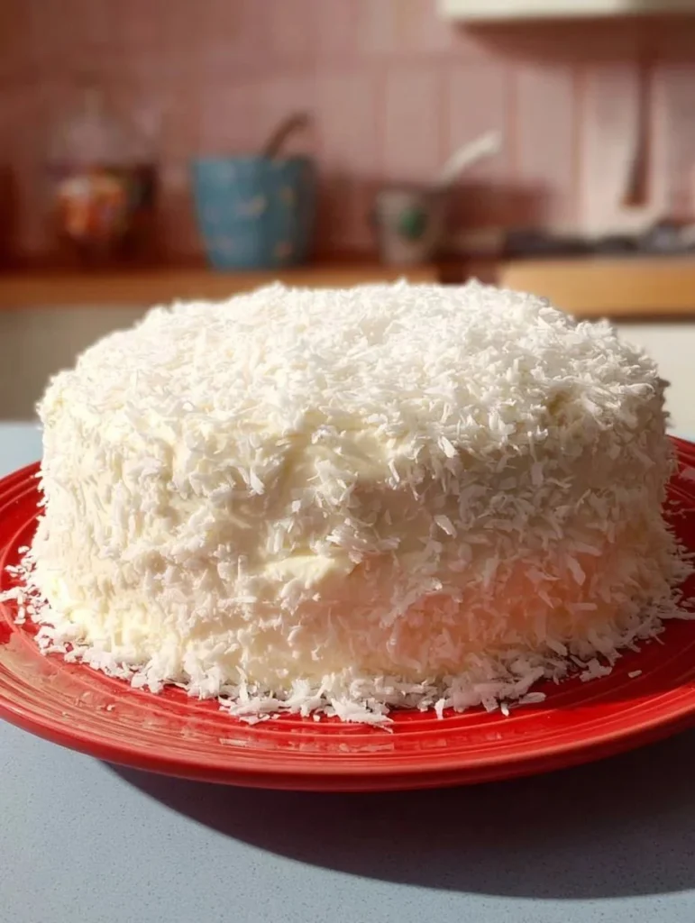 Deliciously moist Coconut Cream Cake topped with coconut flakes and cream icing